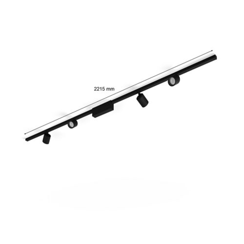 Black Perifo ceiling set with cylindrical spotlights, matte finish, linear shape, visible length marked as 2215 mm.