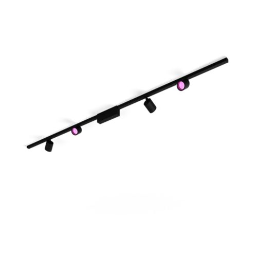 Black Perifo ceiling set with cylindrical spotlights, matte finish, featuring visible pink light on two spots, compact design.