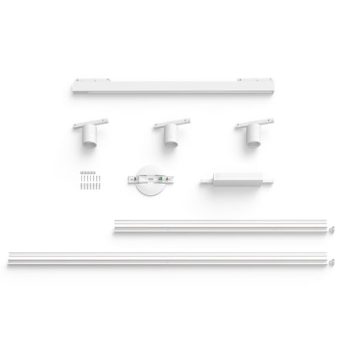 Collection of white cylindrical spotlights, rails, mounting plate, power supply, and screws arranged on a white background.
