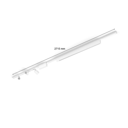 White Perifo ceiling set with cylindrical spotlights, linear track, matte finish, and 2715 mm text above the product.
