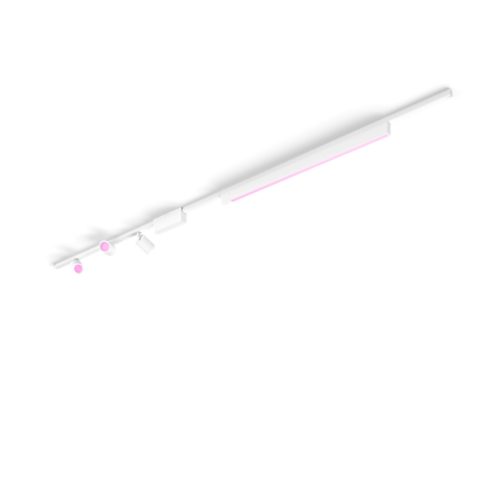 Perifo ceiling set featuring a linear white track, three cylindrical white spotlights, and a slim white light bar with a pink glow.