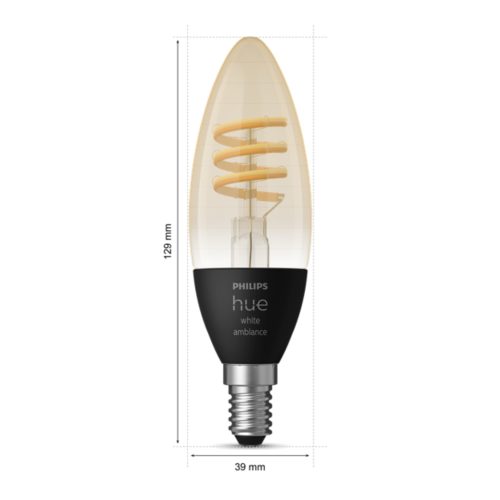 Filament candle-shaped smart light bulb with black matte base, spiral filament, E14 socket, labeled hue white ambiance. Dimensions shown.