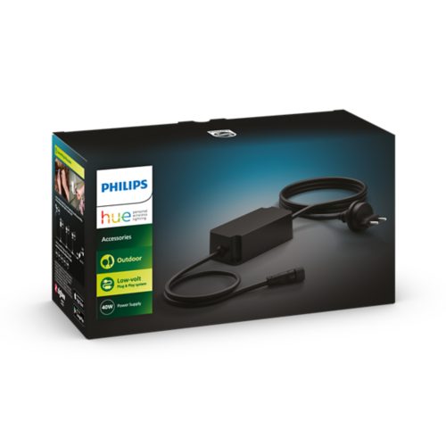 Product packaging showing a black outdoor low-voltage power supply with plug and cable, labeled as 40W and plug & play system.