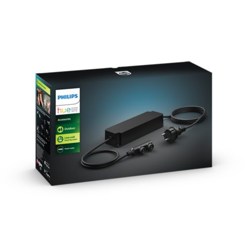 Black rectangular outdoor low-volt power supply with attached cables and plug, matte finish, shown on product packaging.