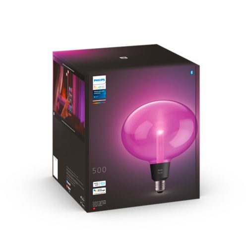 Product packaging featuring a smart light bulb emitting pink light, with compatibility icons and product specifications visible.