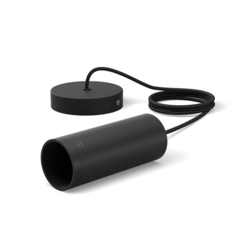 Black cylindrical pendant light with matte finish, compact design, visible cord, and round ceiling mount. No switches or ports visible.