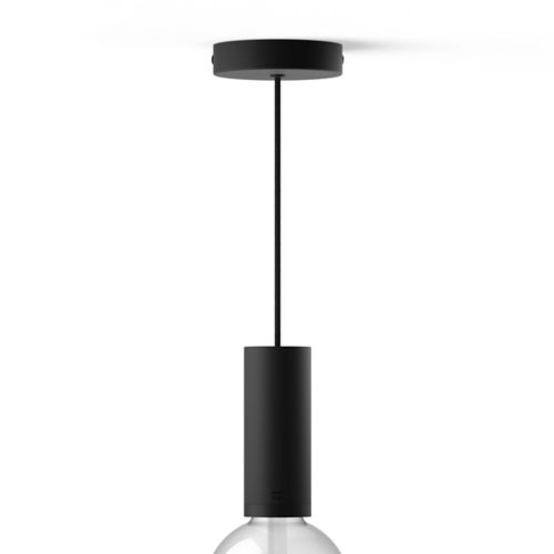 Pendant light fixture with a cylindrical black matte finish, compact design, and a visible cord connecting to the ceiling plate.