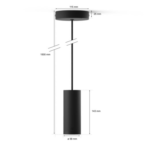 Black cylindrical pendant light with matte finish, compact design, visible cord, and labeled dimensions: 115 mm, 25 mm, 1500 mm, 143 mm, 58 mm.