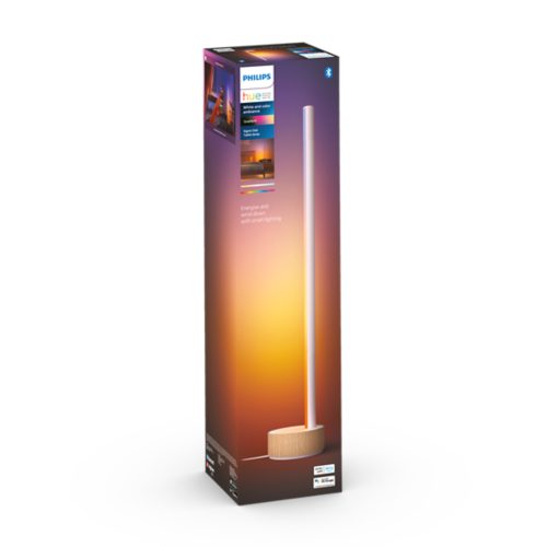 Tall rectangular box with an image of a vertical lamp featuring a light strip and wood-textured base, text reads Energise and wind down with smart lighting.
