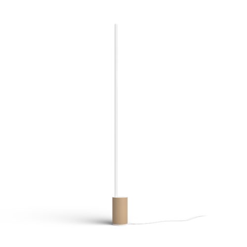 White floor lamp with a cylindrical oak-colored base and slim vertical light tube, featuring a matte finish and visible power cord.
