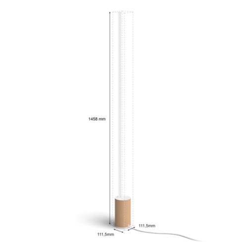 Signe Oak floor lamp, cylindrical base with light wood finish, slim vertical white light bar, visible power cord, dimensions labeled.