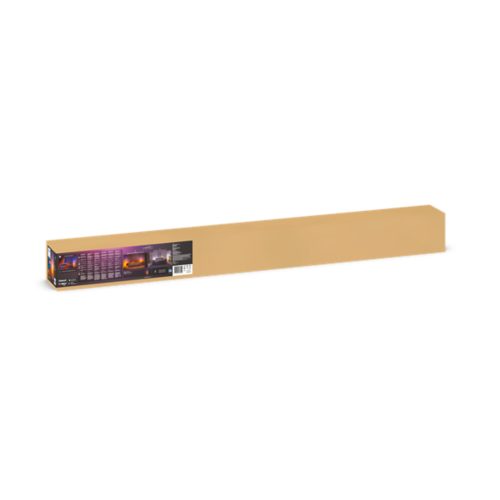 Long rectangular product box with one end showing images and technical details of a smart lighting solution on a dark background.