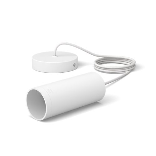 White cylindrical pendant light with matte finish, compact design, visible cord and round ceiling mount, no switches or ports shown.