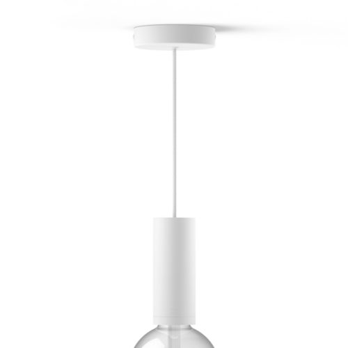 White cord pendant light with cylindrical matte finish holder and round ceiling mount, featuring a visible bulb at the bottom.