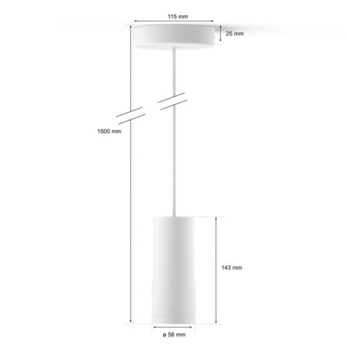 White cylindrical pendant light with matte finish, compact design, and visible measurements: 115 mm, 25 mm, 1500 mm, 143 mm, 58 mm.