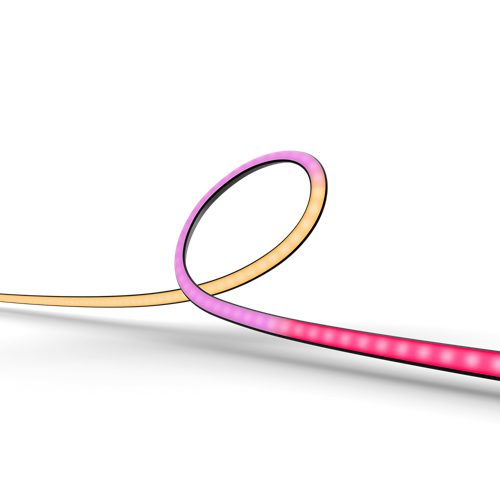 Gradient PC lightstrip with flexible shape, displaying segments in pink, orange, and red, with a smooth matte finish.