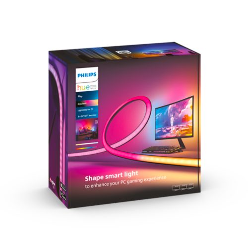 Box packaging of a gradient lightstrip for PC, featuring product image, monitor, keyboard, and text Shape smart light.