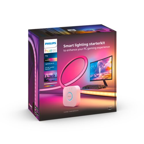 Box of smart lighting starter kit for PC gaming, featuring gradient lightstrip and hub device, with product details and images.