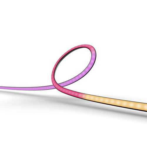 Curved gradient lightstrip featuring a flexible shape with visible pink, purple, and yellow illuminated sections and a matte finish.