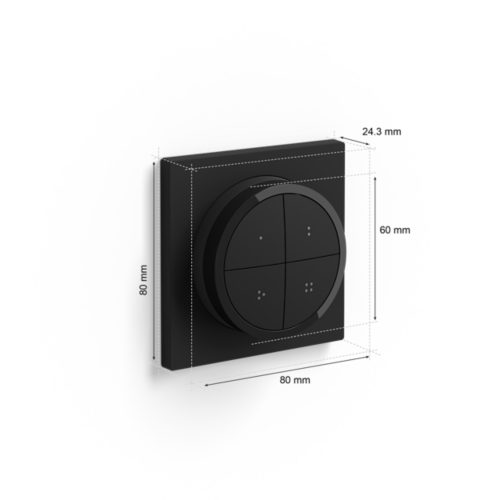 Black Tap dial switch with a matte finish, circular shape, four buttons, and compact design. Dimensions labeled in millimeters.