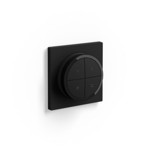 Black Tap dial switch with a matte finish, featuring a round shape and four distinct buttons with tactile markings.