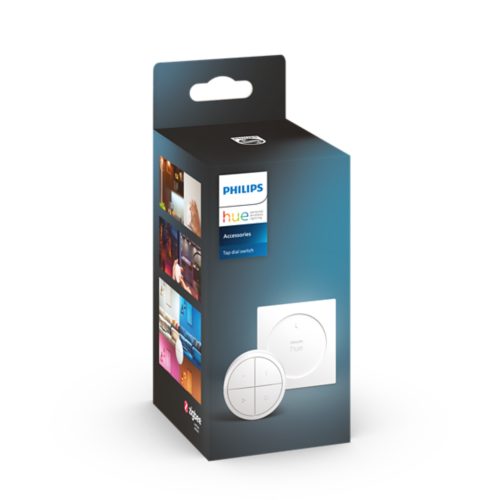 Product packaging for a tap dial switch accessory, featuring a white circular device and images of home lighting scenarios.