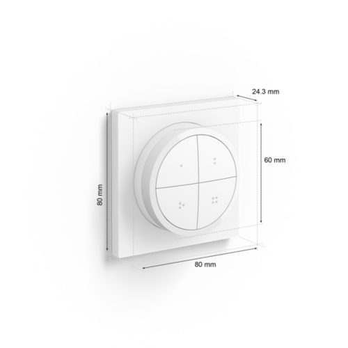 Tap dial switch in a round shape with matte white finish, featuring four buttons and labeled dimensions in millimeters.