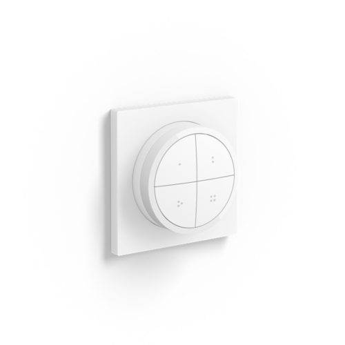 White Tap dial switch with round shape, matte finish, four buttons, and compact design mounted on a square wall plate.
