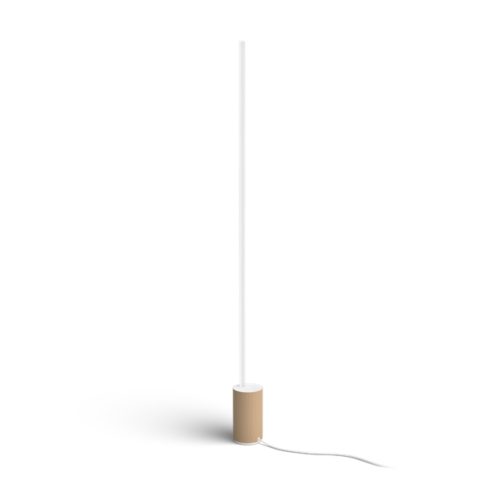 Oak finish cylindrical smart floor lamp with a slim vertical light tube and visible white power cord.