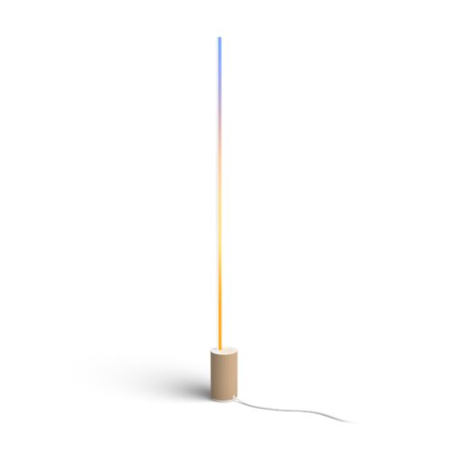 Oak finish cylindrical smart floor lamp with vertical light bar displaying gradient colors, featuring a visible power cable.