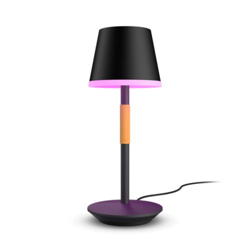 Belle portable lamp, black matte finish, compact round base, visible power cord, pink illuminated inner lampshade.