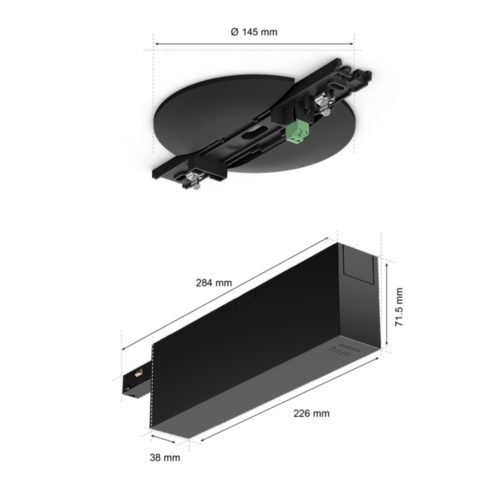 Black ceiling-mounted power supply unit with visible connectors and labeled dimensions in millimeters for installation reference.