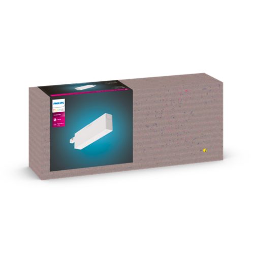 Rectangular white smart accessory with a matte finish and visible plug, displayed on product packaging with text and icons.