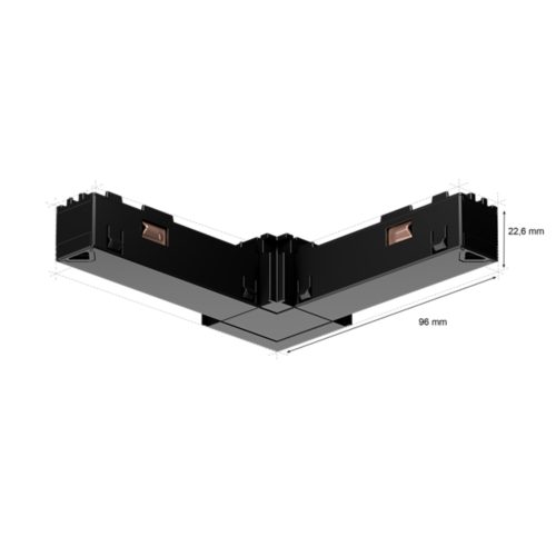 Black Perifo internal corner connector, angular shape, compact design, matte finish, visible copper contacts, labeled dimensions.