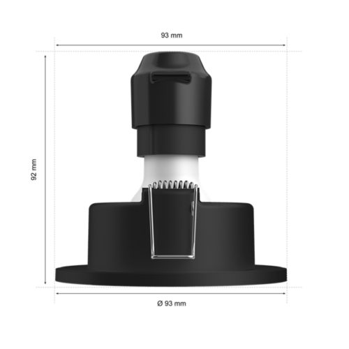Xamento recessed round black light fixture with a matte finish, compact shape, visible metal spring clips, and labeled dimensions.