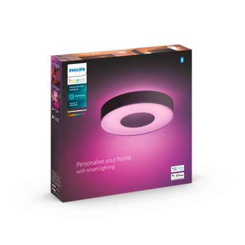 Product packaging for a circular ceiling light with pink illumination, displaying Personalise your home with smart lighting text.