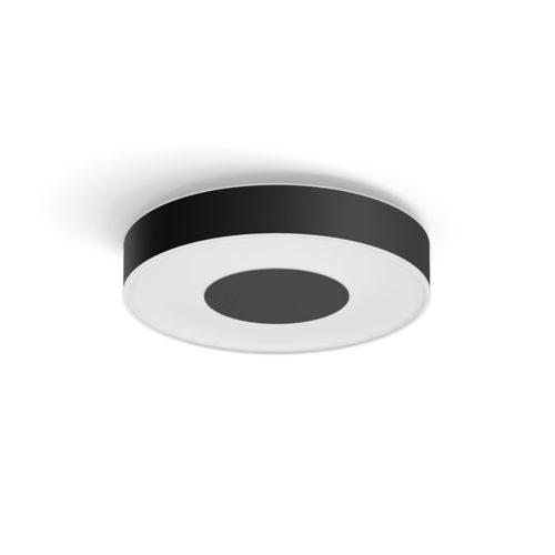 Xamento ceiling lamp, round shape, black and white finish, flush mount design, no visible switches or ports, compact profile.