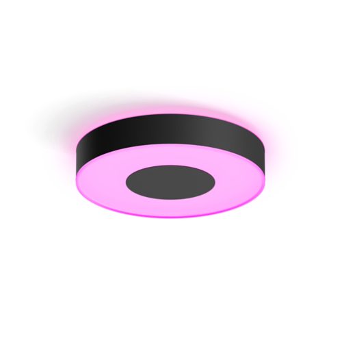 Xamento M ceiling lamp, round shape, black finish, with central black disc and illuminated outer ring emitting pink light.