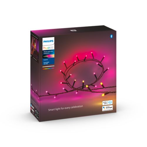 Product packaging for gradient string lights, featuring an image of multicolored lit string lights and text Smart light for every celebration.