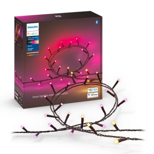 Festavia light string with cylindrical gradient bulbs in pink, yellow, and white on a dark wire, shown with product packaging.