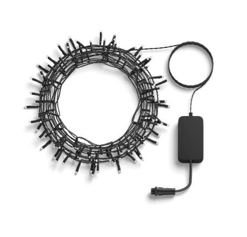 Coiled Festavia light string with black wiring, compact design, attached rectangular black power adapter and visible connector port.