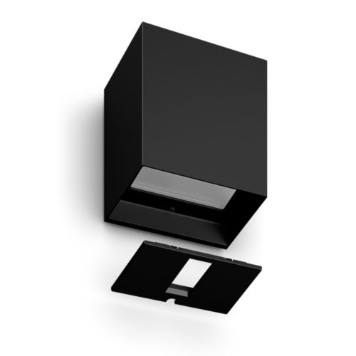 Rectangular black wall-mounted smart light with matte finish, featuring a removable front panel and visible internal light diffuser.