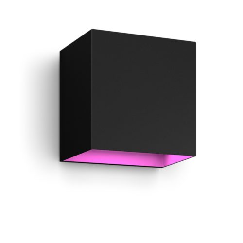 Resonate wall light, rectangular shape, black color with matte finish, compact design, pink light visible from the bottom.