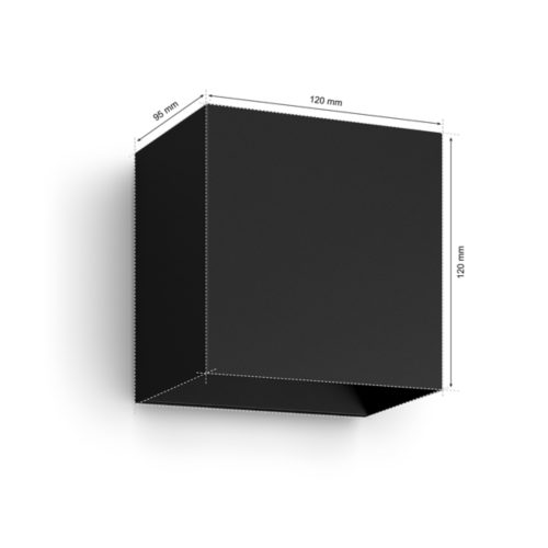 Black rectangular wall light, Resonate shape, matte finish, compact design, with visible measurements: 120 mm x 120 mm x 95 mm.