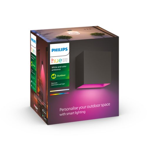 Product packaging for a black downward wall light with pink illumination and text stating Personalise your outdoor space with smart lighting.