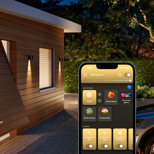 Smartphone displaying a lighting control app with Backyard selected, showing scene buttons and light controls outdoor wall lights visible.