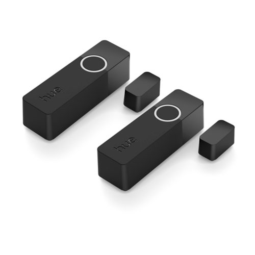 Collection of black rectangular contact sensors with matte finish, circular marking, and hue text on each main unit.