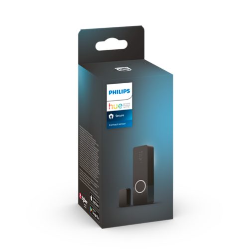 Box displaying a compact black contact sensor with a matte finish and a circular marking, labeled Secure Contact sensor.
