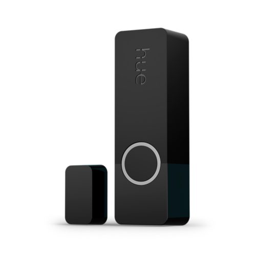 Black rectangular contact sensor with a matte finish, compact design, circular marking, and hue text on the larger unit.
