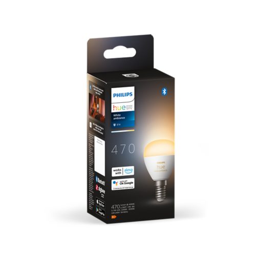 Packaging of a white ambiance E14 smart bulb with compact round shape, metallic base, and glossy finish, showing product features.